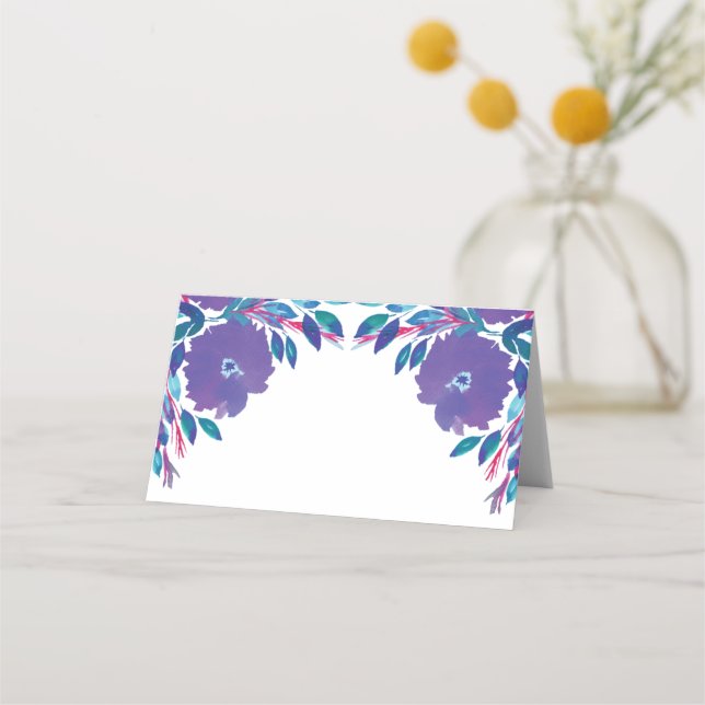 Asiento Tarjeta de lugar pintado a mano con flores moradas (Anverso)