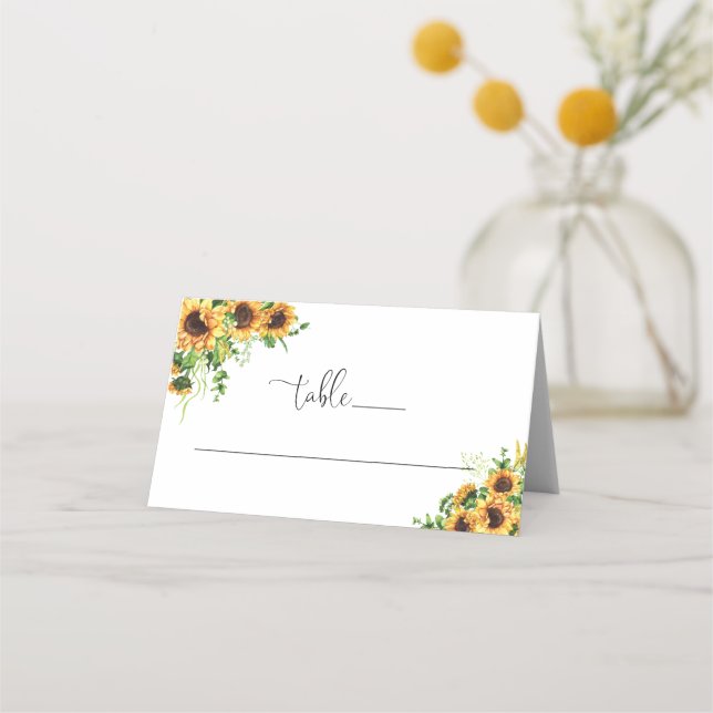 Asiento Tarjeta de lugar plegada de boda con flores amaril (Anverso)