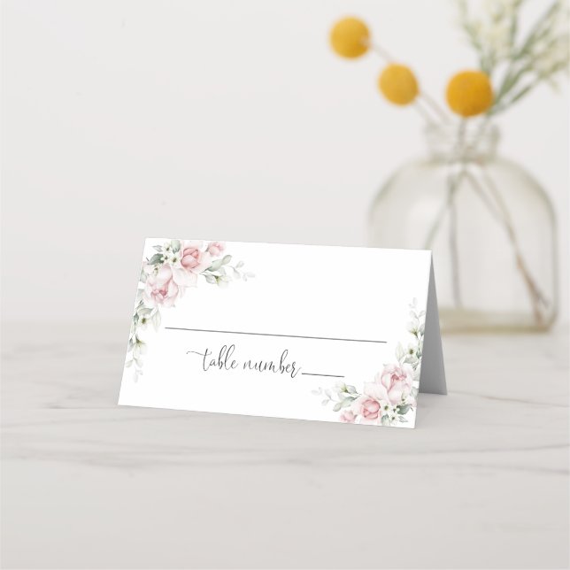 Asiento Tarjeta de lugar plegada de boda floral rosa suave (Anverso)