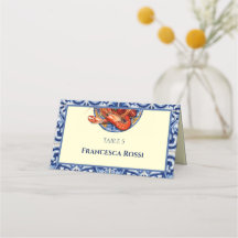 Tarjeta de lugar plegada de boda italiana con azul