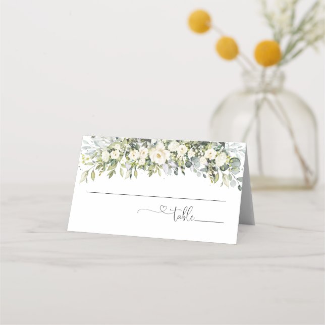Asiento Tarjeta de lugar plegada para boda con flores blan (Anverso)