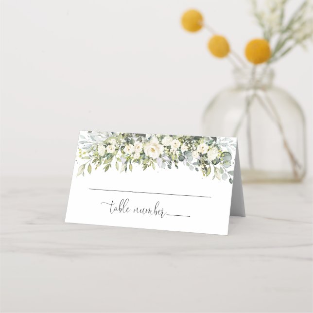 Asiento Tarjeta de lugar plegada para boda con flores blan (Anverso)