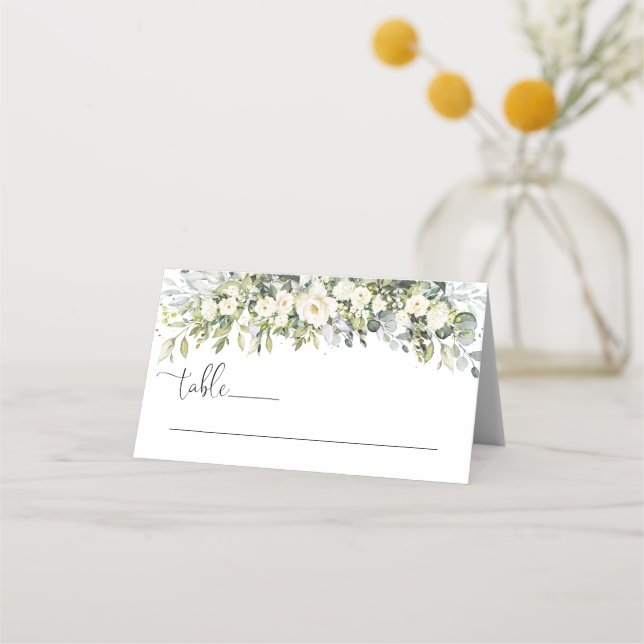 Asiento Tarjeta de lugar plegada para boda con flores blan (Anverso)