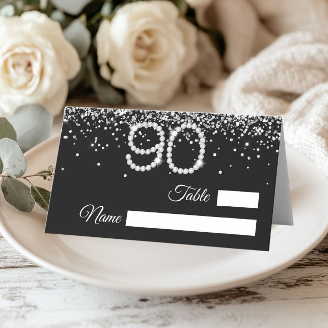 Asiento Tarjeta de lugar plegada para fiesta de cumpleaños (Diamonds 90th Birthday Party Table place card)