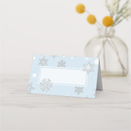 Asiento Tarjeta de lugar plegado Boda azul de los copos de