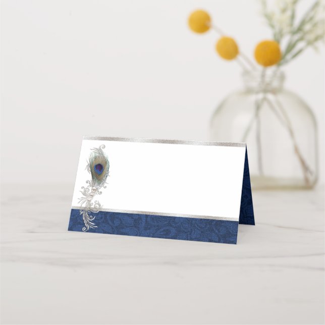 Asiento Tarjeta de lugar plegado Boda de pluma de pavo rea (Anverso)