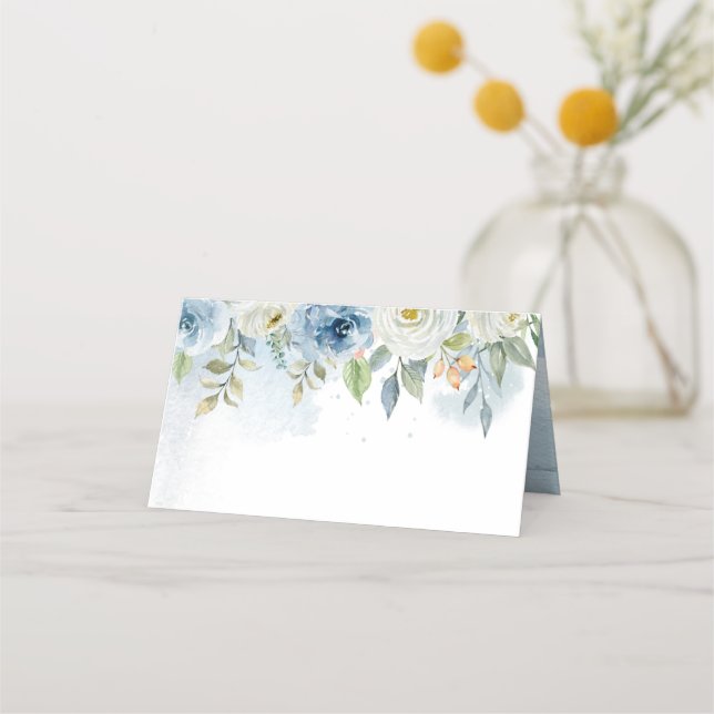 Asiento Tarjeta de lugar plegado Boda floral azul y blanco (Anverso)