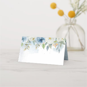 Asiento Tarjeta de lugar plegado Boda floral azul y blanco