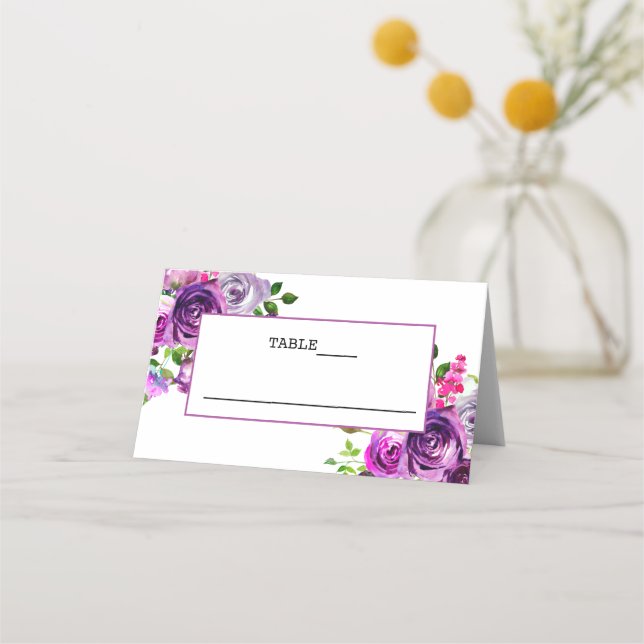 Asiento Tarjeta de lugar plegado Boda morado floral (Anverso)