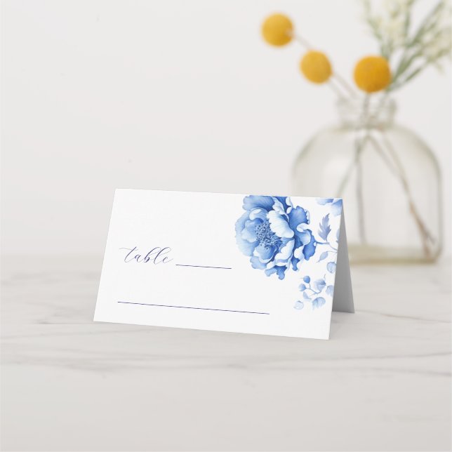 Asiento Tarjeta de lugar plegado de flores azules (Anverso)