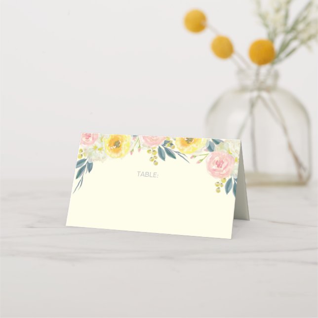 Asiento Tarjeta de lugar plegado del Boda floral amarillo (Anverso)