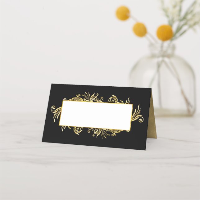 Asiento Tarjeta de lugar plegado Fancy Black and Gold Boda (Anverso)