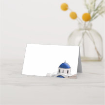 Tarjeta de lugar Santorini Blue Dome simple - Blan