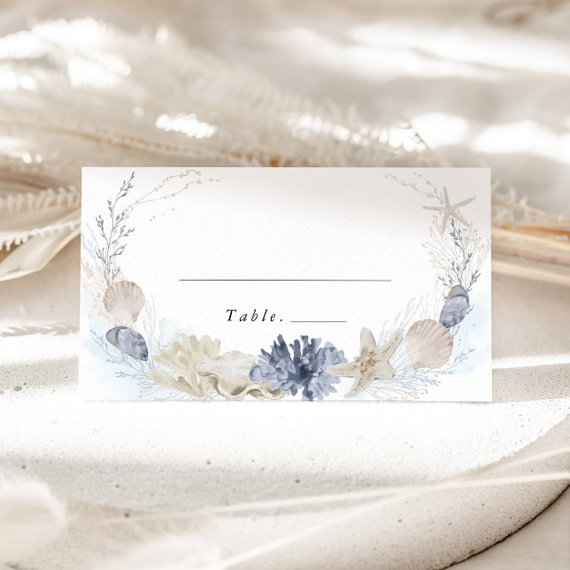 Asiento Tarjeta de Nombre de Boda de Playa Azul Costera (Coastal Blue Seashell Wedding Place Card Beach Wedding Decor Destination Wedding Escort Name Card)