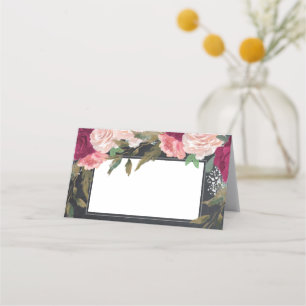 Asiento tarjeta de plaza boda de pizarra floral rosa burgu