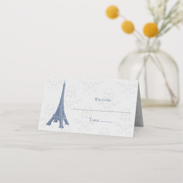 Asiento Tarjeta de recepción Blue Eiffel Tower Damask (Anverso)