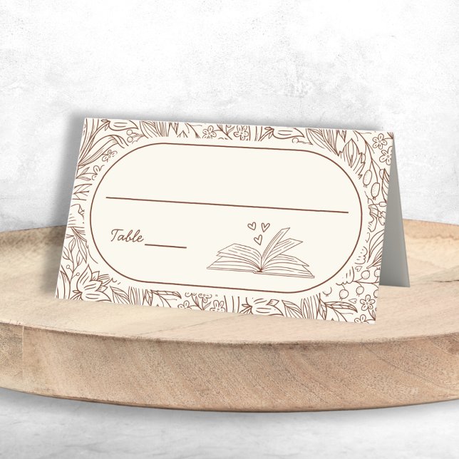 Asiento Tarjeta de tema de libro floral marrón para desped (Book Theme Floral Brown Bridal Shower Place Card)