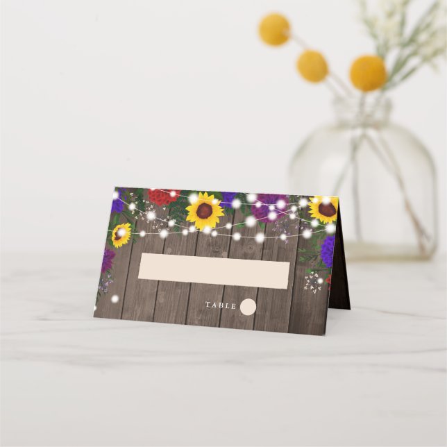 Asiento Tarjeta Rustic Sunflower Escort | Luces de cadena (Anverso)