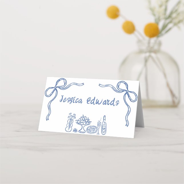 Asiento Whimsical Blue Bow Bridal Shower Doble tarjeta de  (Anverso)
