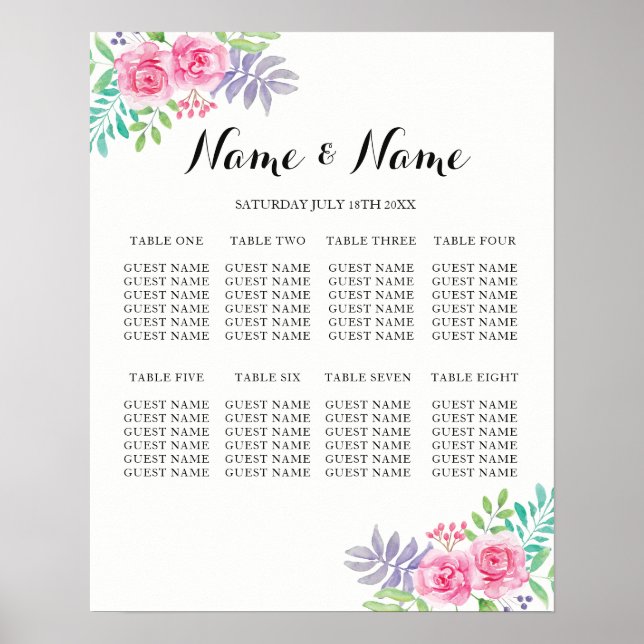 Asientos 8 Posters de mesa Boda acuarela floral (Frente)