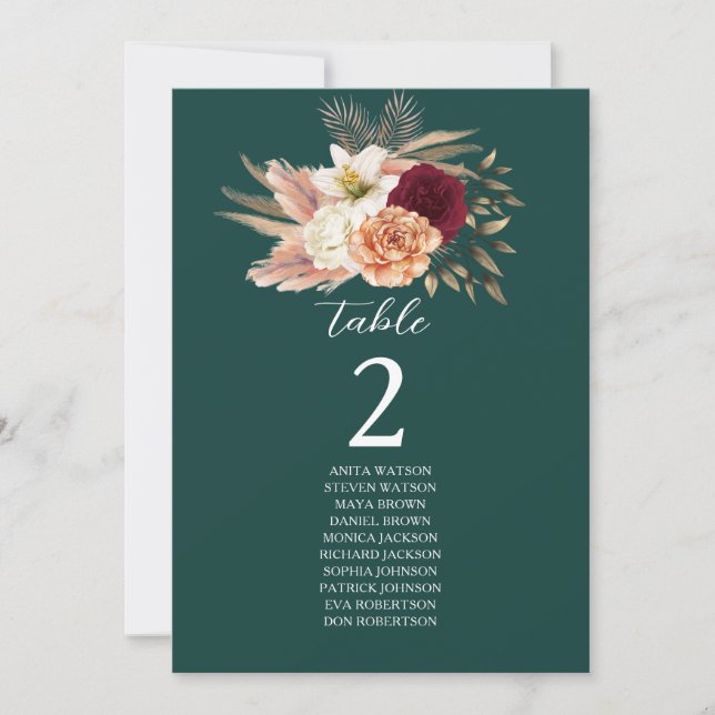 Asientos de mesa florales esmeralda y burdeos (Anverso)