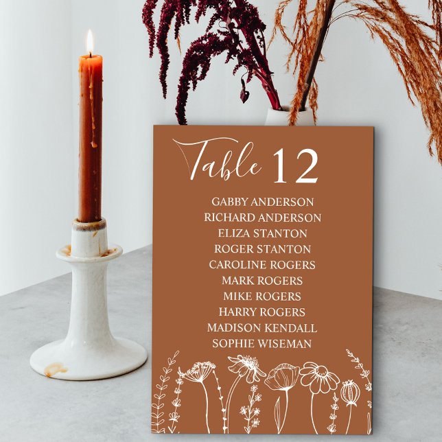 Asientos Número de tabla de Naranja de esbozo de f (Table Number with Guest Names in Terracotta Burnt Orange, from my Wildflower Sketch collection)