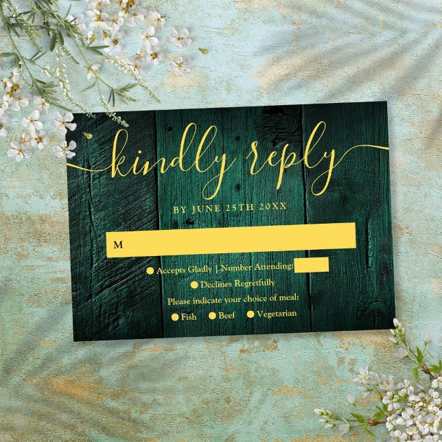 Asistencia Tarjeta de confirmación de boda boho de madera rús (Emerald Green Rustic Barn Wood Boho Wedding RSVP)