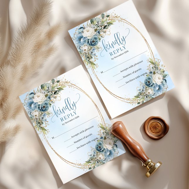 Asistencia Tarjeta de confirmación de boda de flores azules p (Romantic Dusty Blue Floral Gold Wedding RSVP Card)