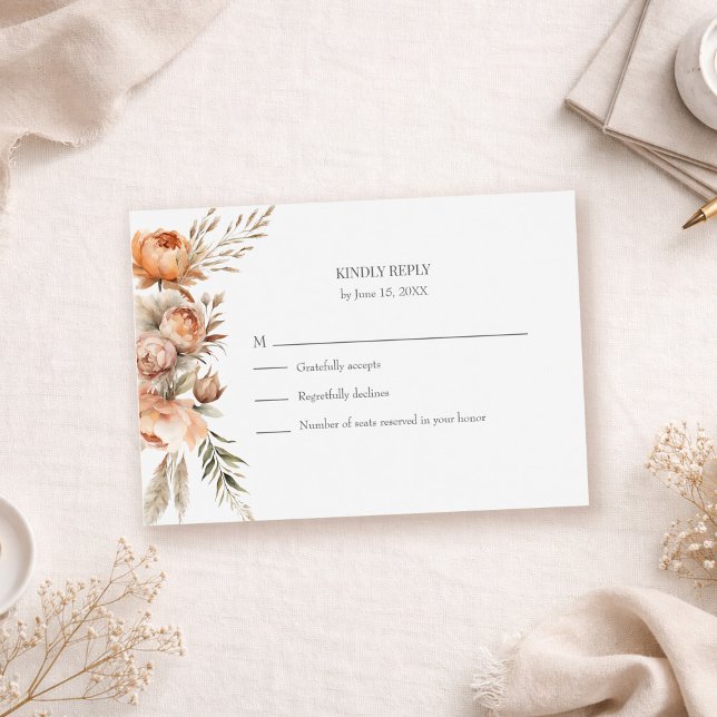 Asistencia Tarjeta de confirmación de boda de flores secas co (Boho Coral and Peach Dry Flower Wedding RSVP Card on a neutral table with boho decor and dry flower)