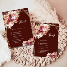 Tarjeta de confirmación de boda floral roja y pamp