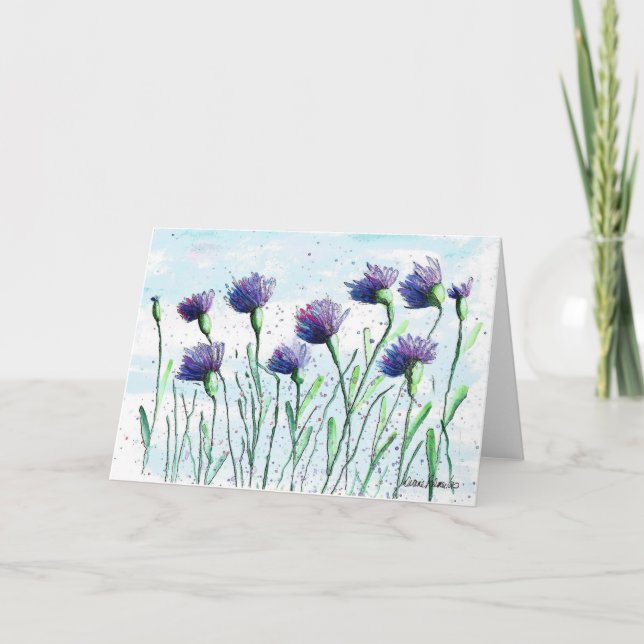 Asters azules, tarjeta de arte acuarela floral (Anverso)