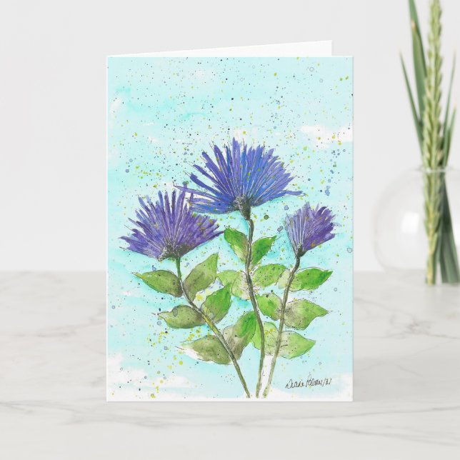 Asters azules, tarjeta de arte acuarela floral (Anverso)