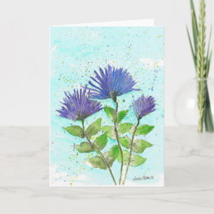Asters azules, tarjeta de arte acuarela floral