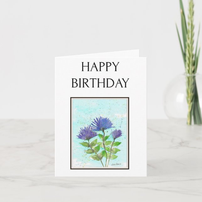 Asters azules, tarjeta de cumpleaños de acuarela d (Anverso)
