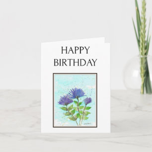 Asters azules, tarjeta de cumpleaños de acuarela d
