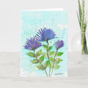 Asters de color de agua, nota, tarjetas de felicit