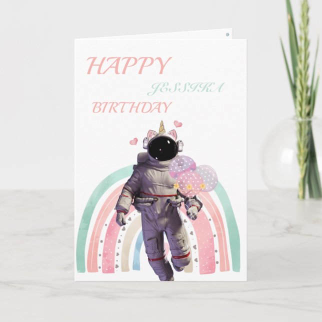 Astronauta 3D con Unicornio Arcoíris y Globos (Anverso)