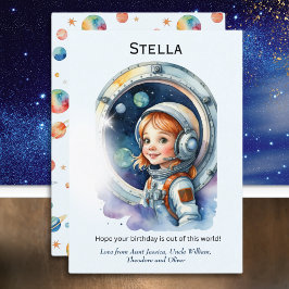 Astronauta chica en tarjeta de cumpleaños de cohet