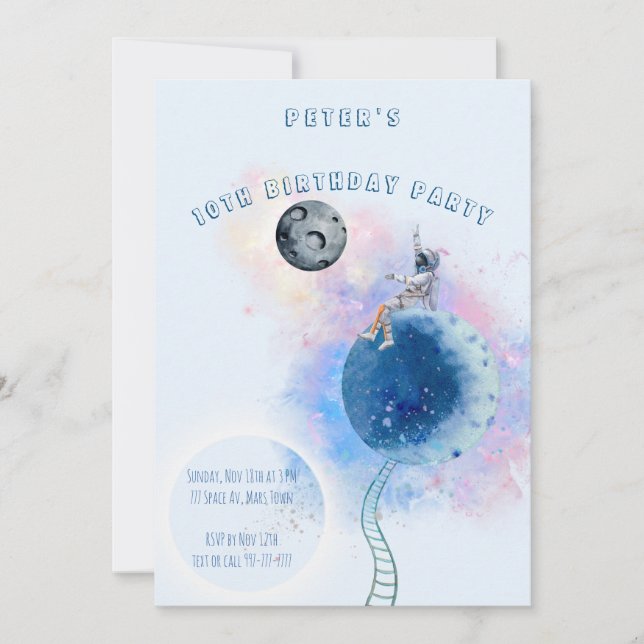 Astronauta de acuarela y invitación al cumpleaños  (Anverso)