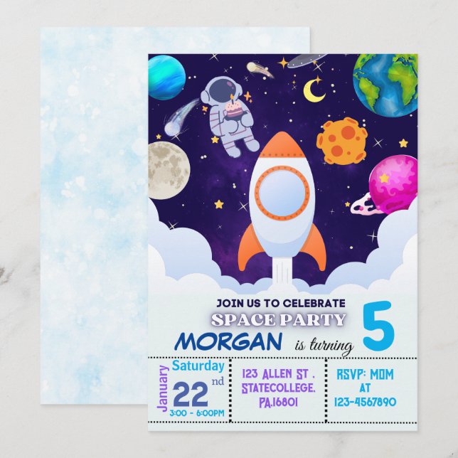 Astronauta, espacio exterior, invitaciones de cump (Anverso / Reverso)
