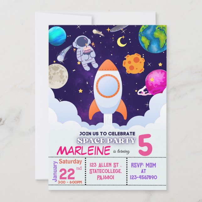 Astronauta, espacio exterior, invitaciones de cump (Anverso)