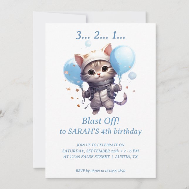 Astronauta gata para niños: Invitación a la fiesta (Anverso)