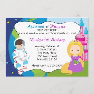 Astronauta Princesa Niños Invitación al cumpleaños
