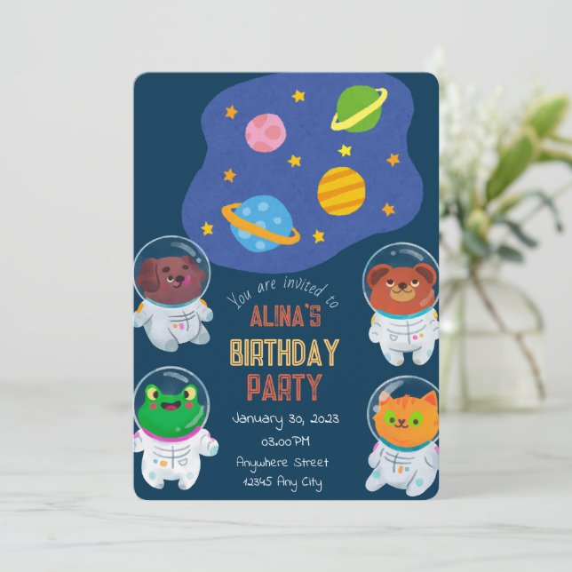 Astronautas animales Invitación de cumpleaños (Anverso de pie)