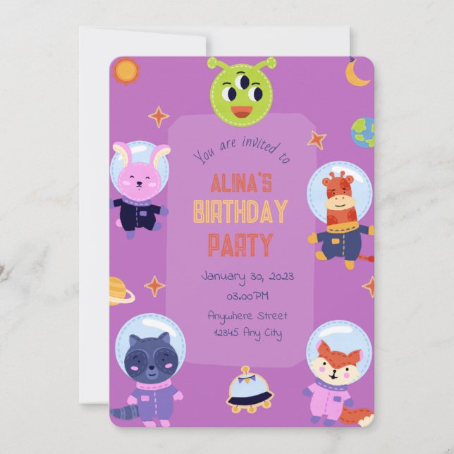 Astronautas animales Invitación de cumpleaños (Anverso)