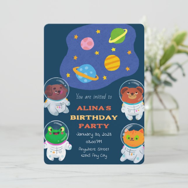 Astronautas animales Invitación de cumpleaños (Anverso de pie)