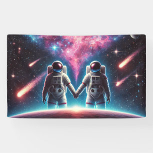 Astronautas en una pancarta de amor