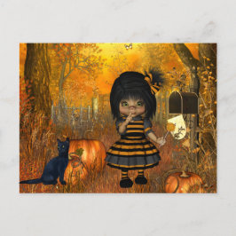 Asustada postal de Halloween con niña pequeña