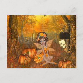 Asustada postal de Halloween con un hada de madera