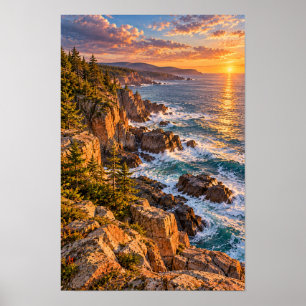 Atardecer de costa rocosa y arte de pared de olas